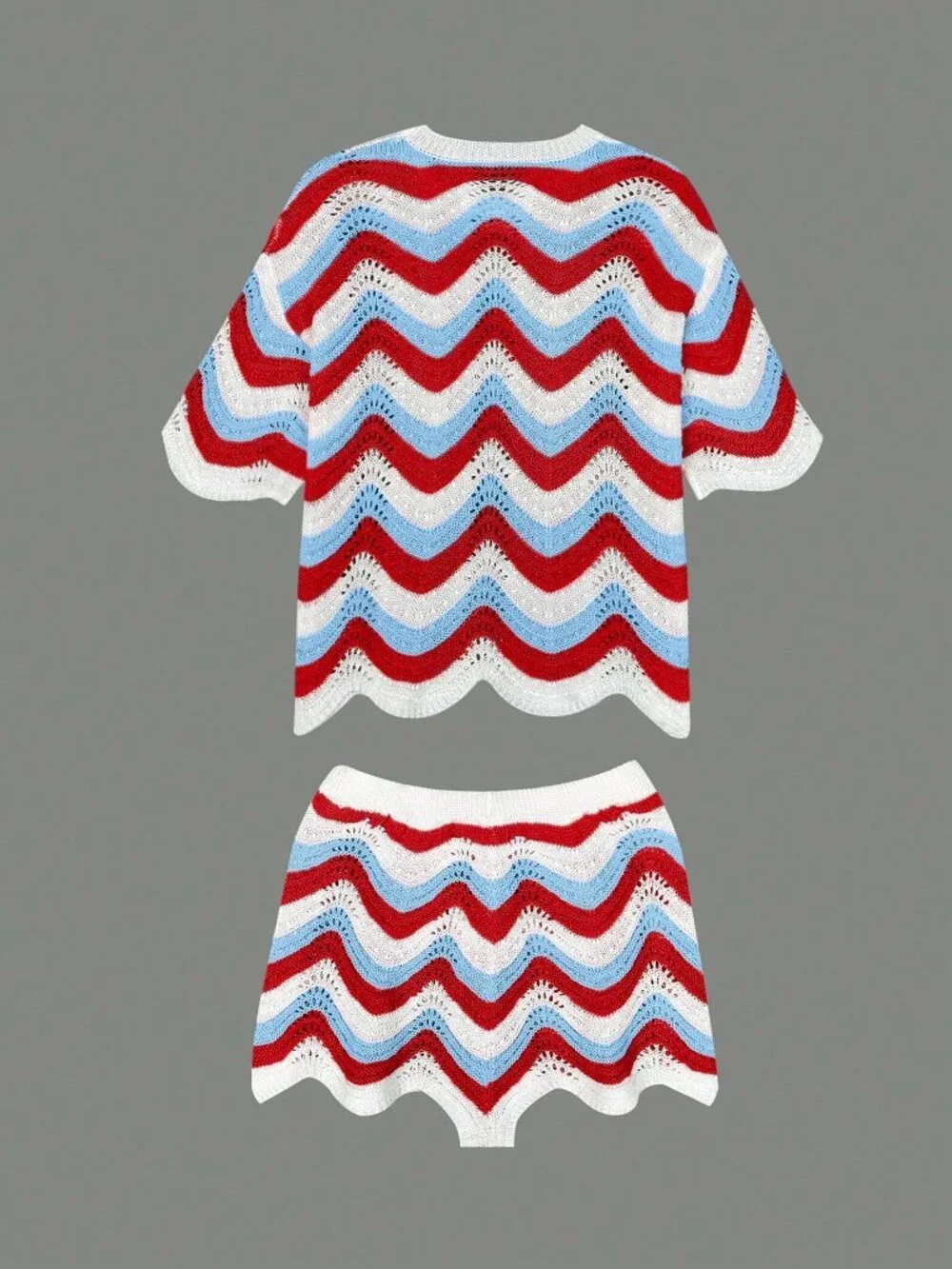 Multicolor Hollow Crochet Knit Women's Short Sleeve Top & Shorts Set